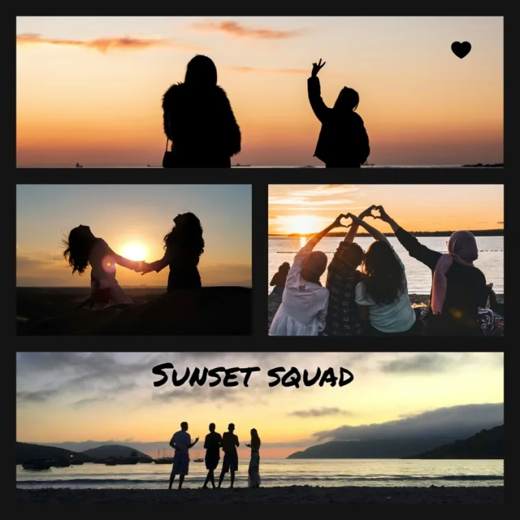 Sunset Squad: a four photo collage of friends at sunset